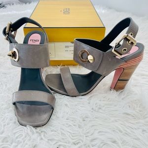 Fendi Sandals in Asphalt Grey with Wood Heel & light gold hardware. Gorgeous!
